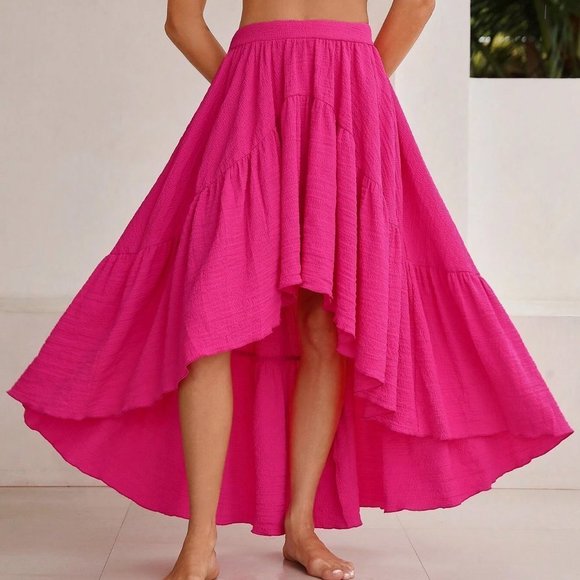 Pink Boho Womens Solid High Low Ruffle Hem Skirt - Picture 3 of 5